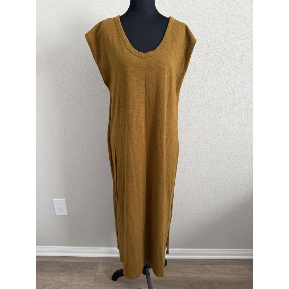 Large Mustard Midi Lounge Dress Minimalist Casual Boho Coastal Resort Earthcore - Picture 1 of 10